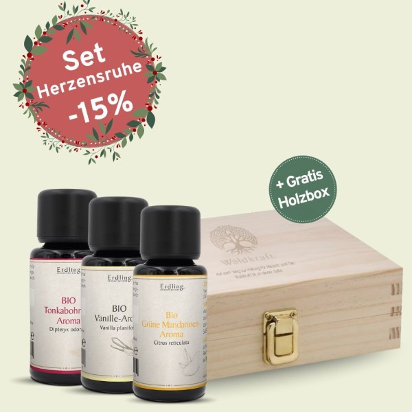 Set: BIO Aromen Herzensruhe - Mandarine + Vanille + Tonka + gratis Holzbox - 3x10ml