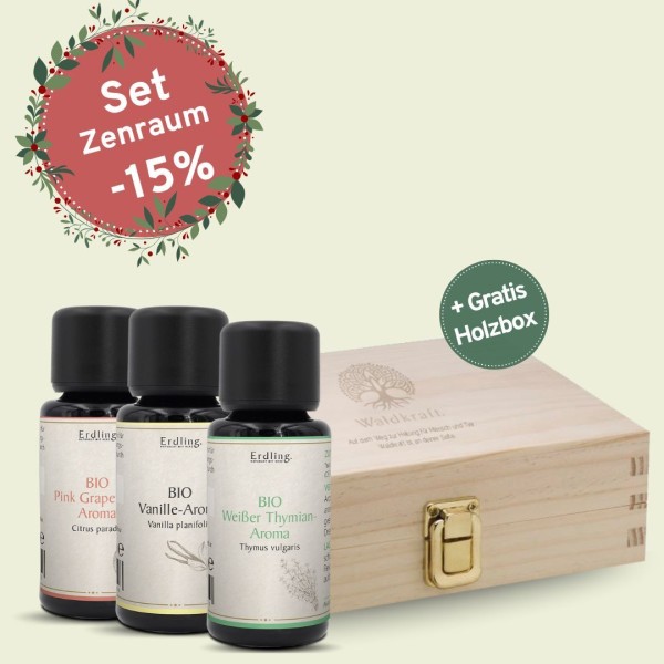 Set: BIO Aromen Zenraum - Thymian weiß + Vanille + Grapefruit + gratis Holzbox - 3x10ml